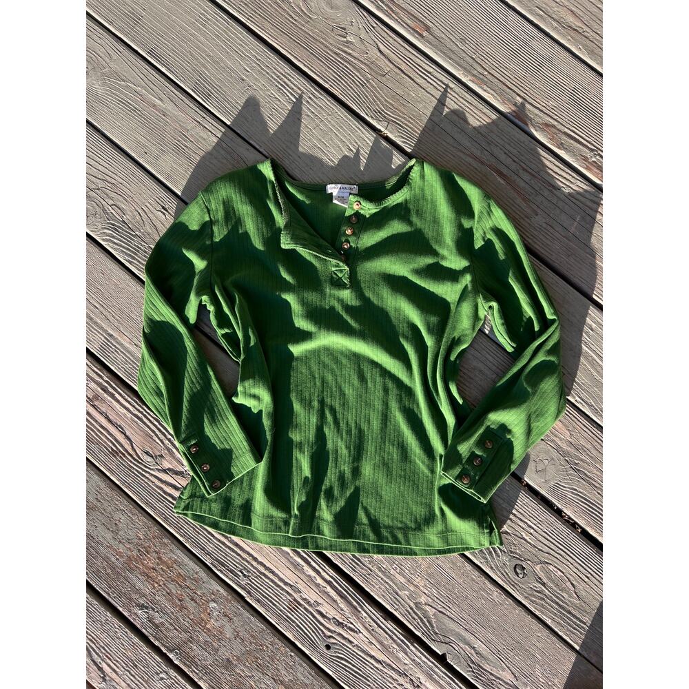Vintage Rebecca Malone Scalloped and Striped Pattern Green Henley Size Medium